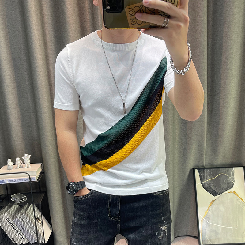 冰丝短袖针织衫男2023夏季新款修身弹力紧身衣青年半袖毛衣夏天潮