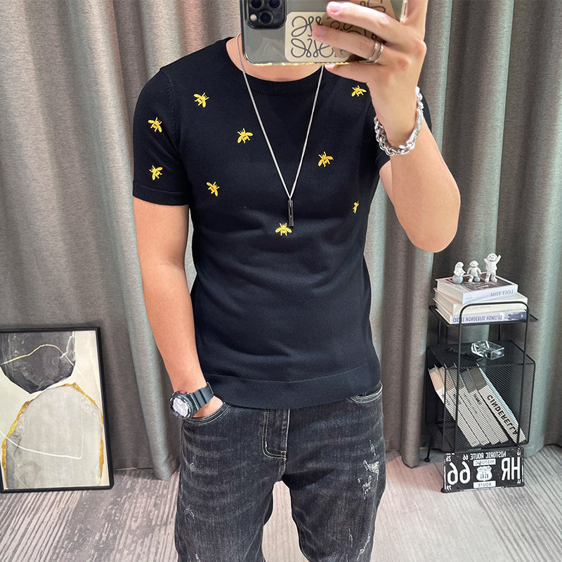半袖针织衫男春秋短袖毛衣男士刺绣半截袖打底衫上衣弹力毛线内搭