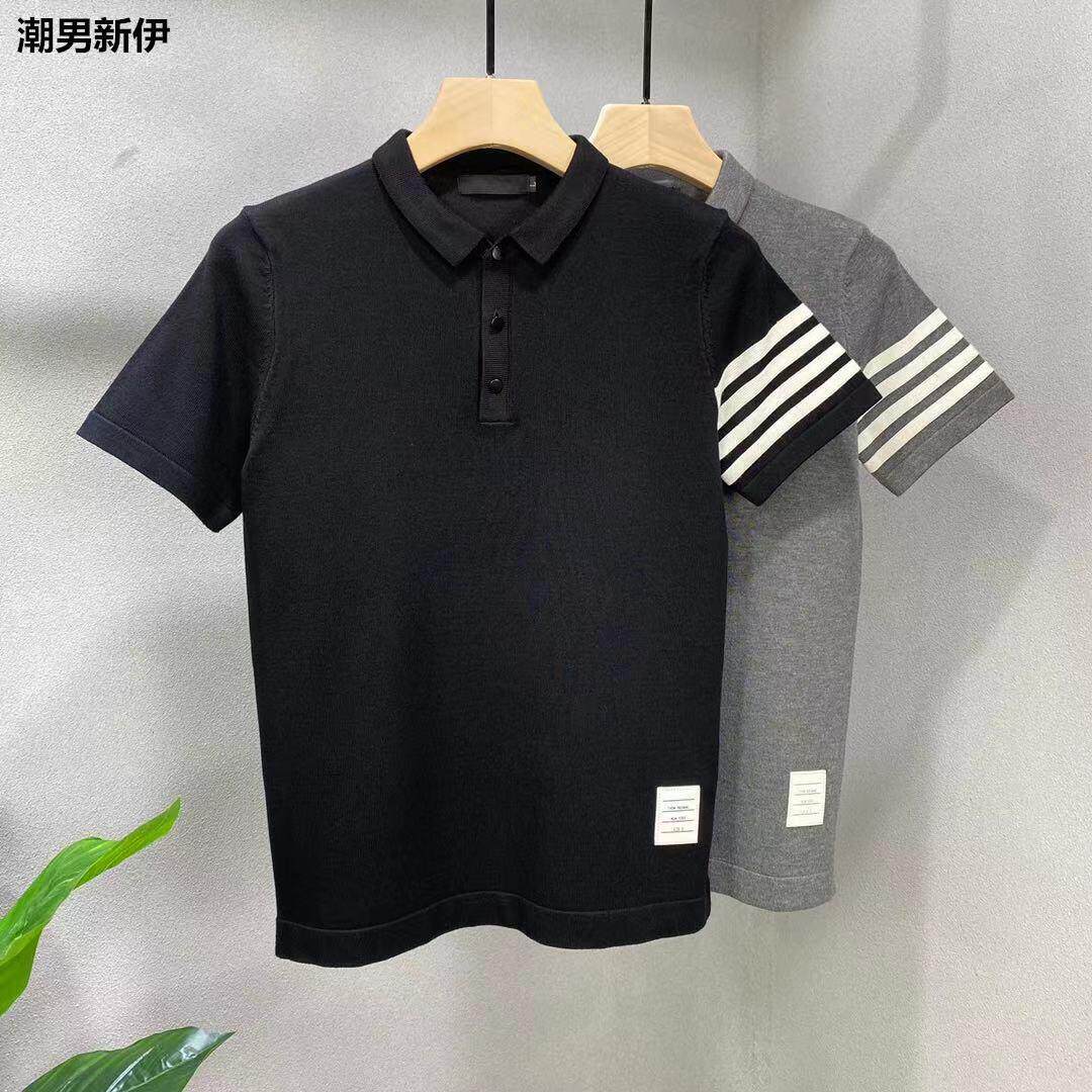 男士简单针织POLO衫秋季衣服上衣修身韩版短袖毛衣潮流加厚半截袖