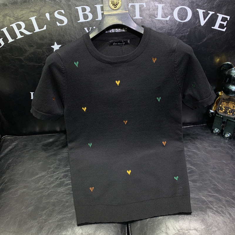 潮牌短袖毛衣男秋冬季圆领刺绣鹿头轻奢大码针织半袖打底上衣