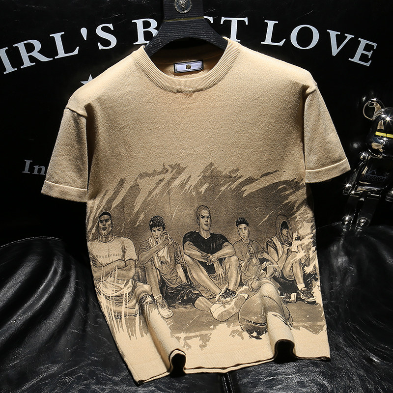 时尚个性潮流印花男装短袖T恤韩版修身帅气圆领半袖针织打底上衣