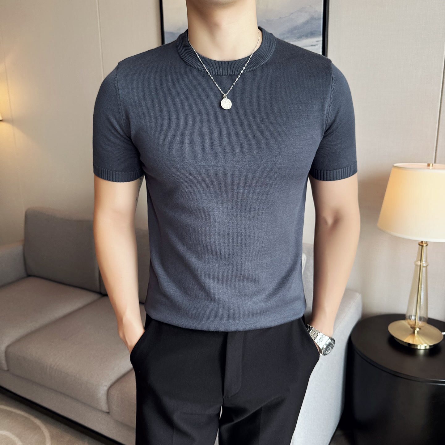 短袖毛衣男针织衫春秋新款潮流帅气内搭打底线衣圆领修身半袖t恤
