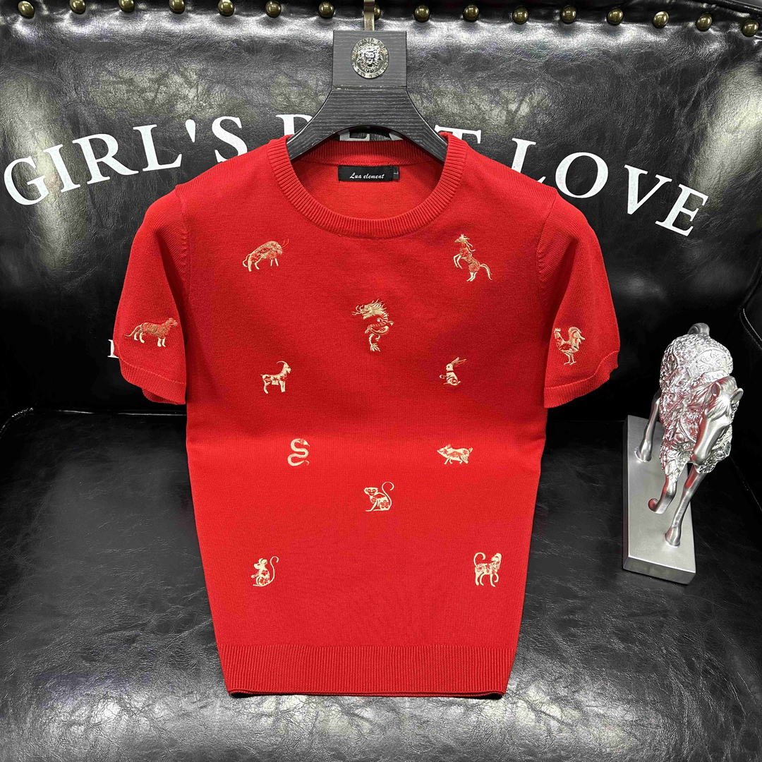 高品质龙年短袖毛衣男款潮牌针织打底衫十二生肖刺绣秋冬季半截袖