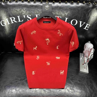 高品质龙年短袖毛衣男款潮牌针织打底衫十二生肖刺绣秋冬季半截袖