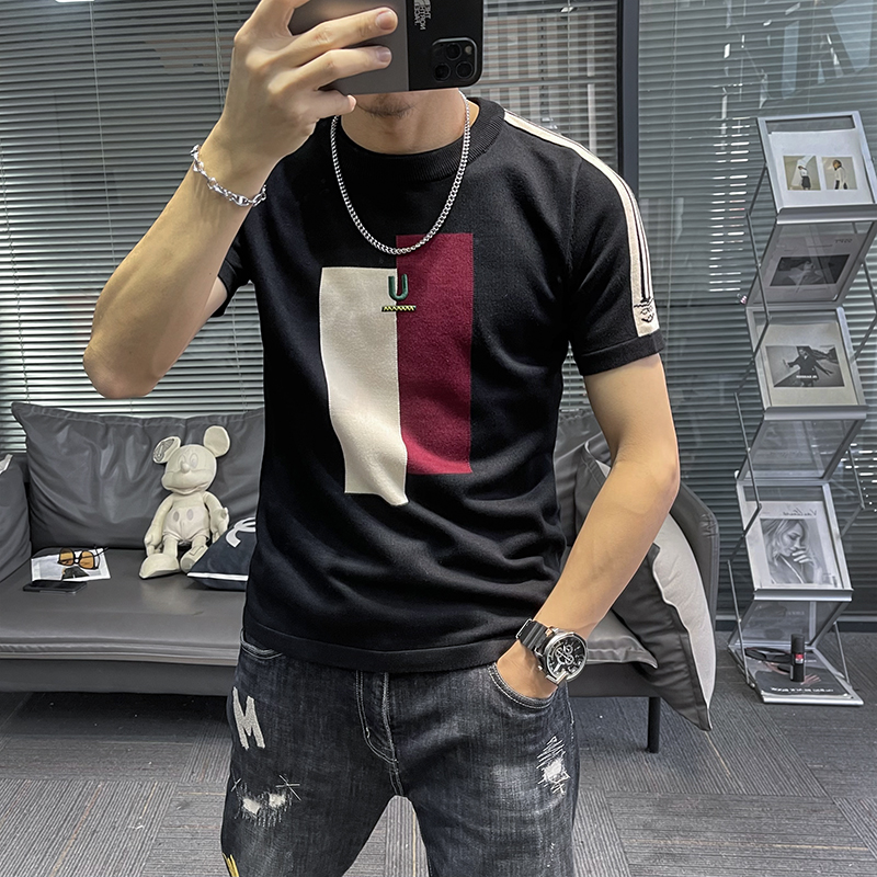 短袖毛衣针织衫男2023新款春秋圆领撞色字母个性刺绣半截袖打底衫