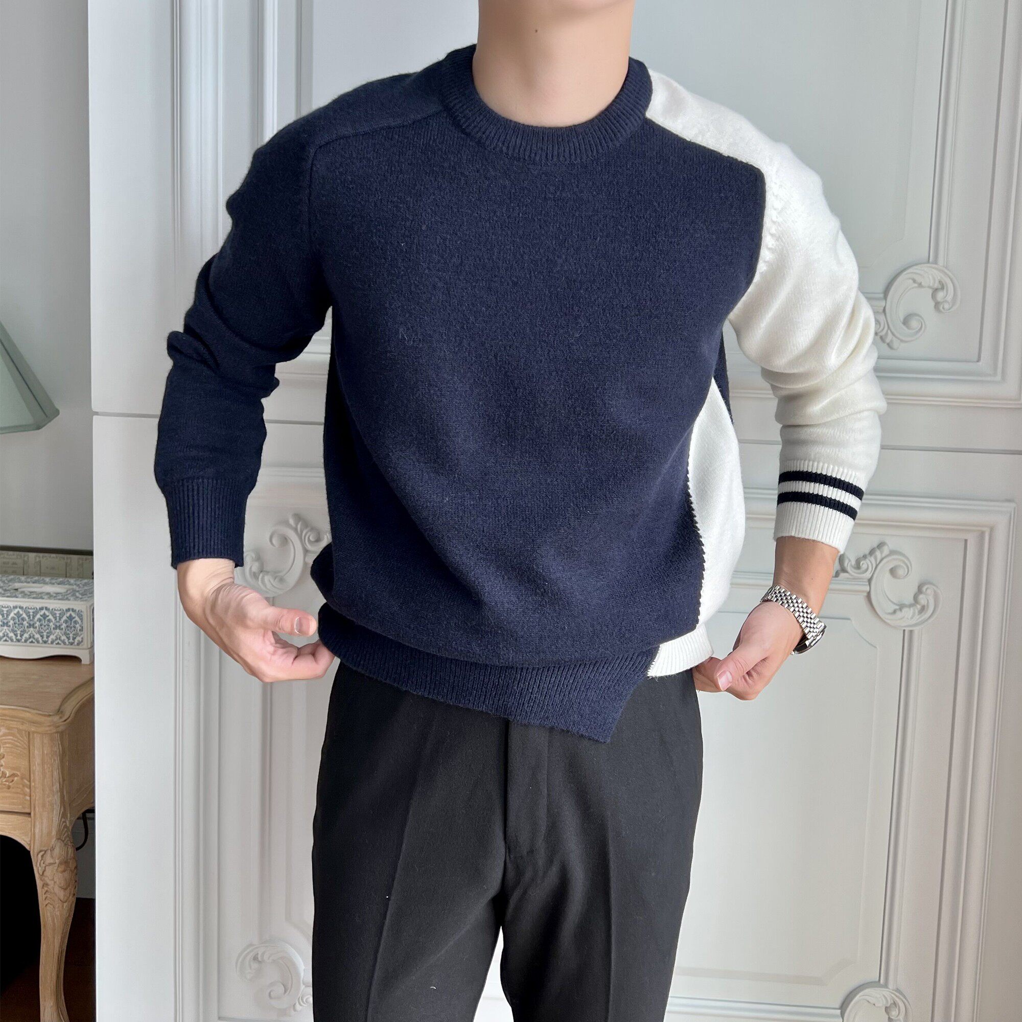 秋冬新款2023毛衣男士韩版休闲个性撞色圆领针织衫男日系复古线衣