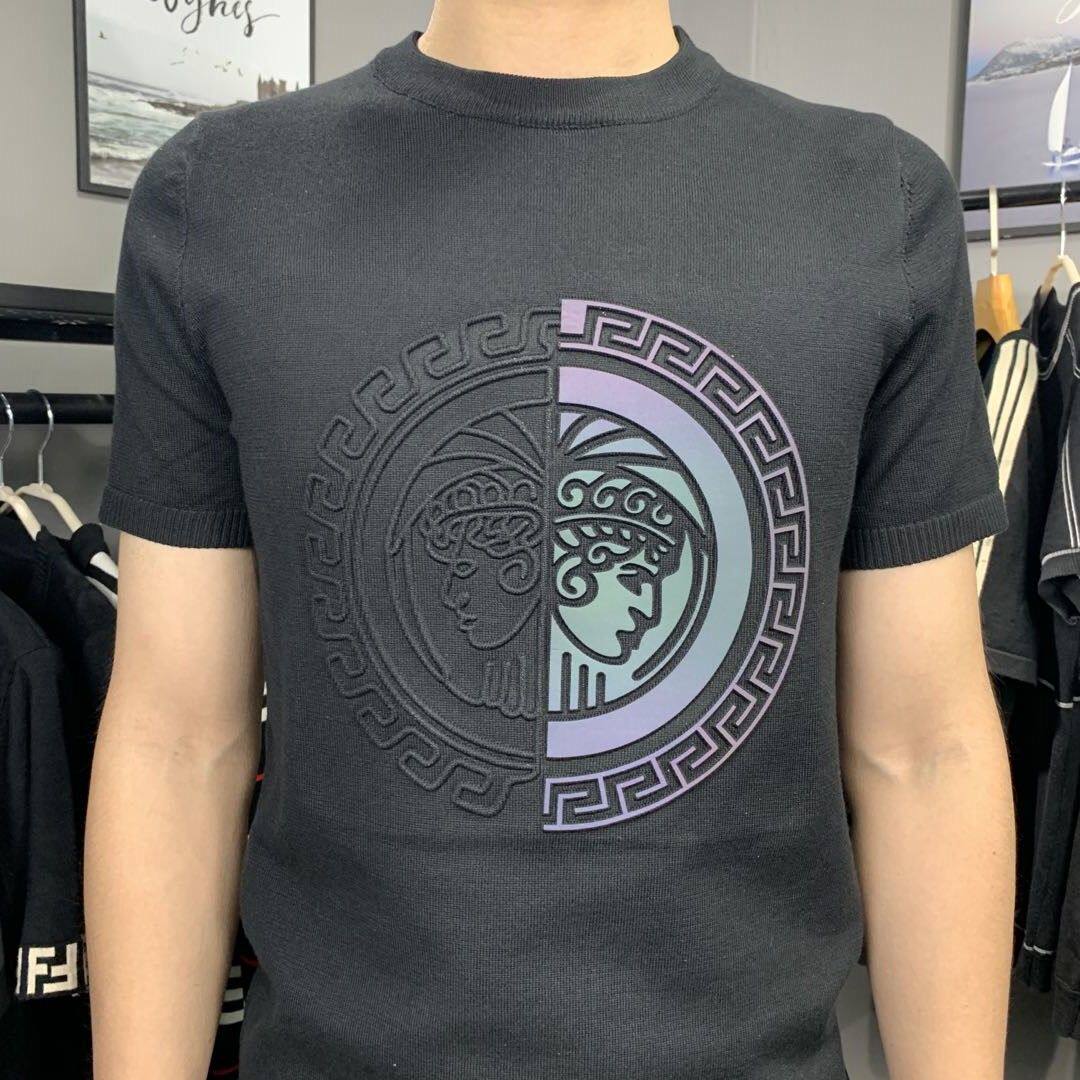 2022春季新款短袖毛衣男套头修身圆领图案压花男装半袖打底针织衫