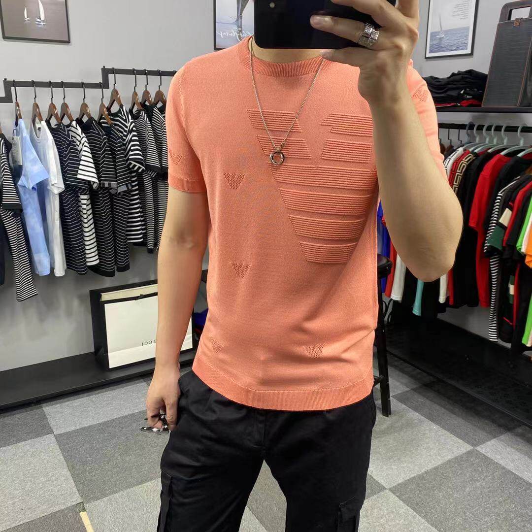 男士针织短袖毛衣秋冬提花圆领潮牌社会针织半袖修身黑色上衣体恤