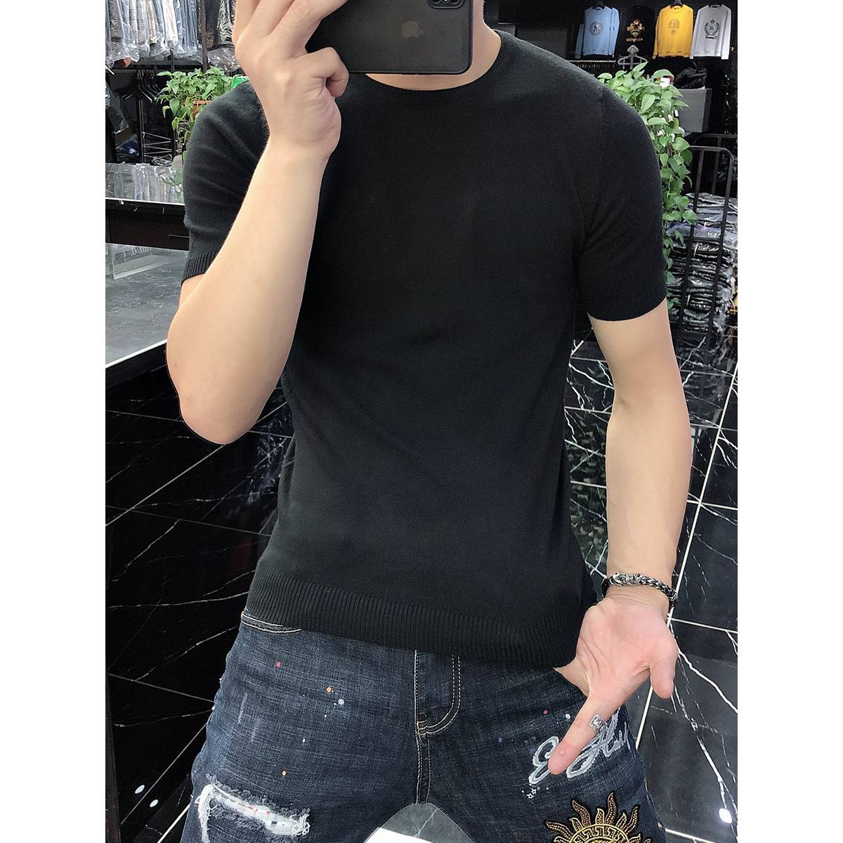 欧货2023春季男士T恤打底衫圆领修身短袖针织衫毛衣纯色白色高端