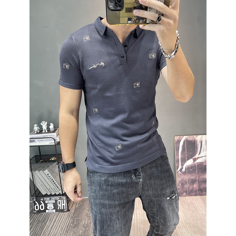 polo衫线衣男秋冬短袖针织衫上衣弹力修身翻领半袖毛衣半截袖毛衫