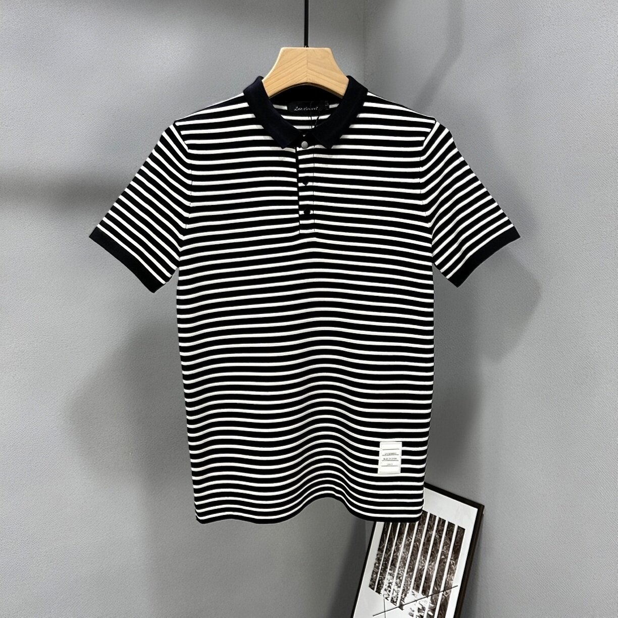 黑白条纹短袖毛衣男翻领polo秋季韩版修身显瘦轻奢帅气半袖针织衫