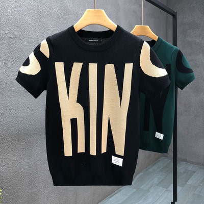 2025短袖毛衣男潮牌冬季半袖针织衫加厚新款男士内搭圆领打底衫