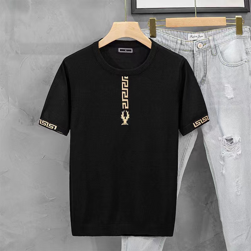 春秋个性毛衣男针织衫短袖潮流大码鹿头提花刺绣修身打底衫线上衣