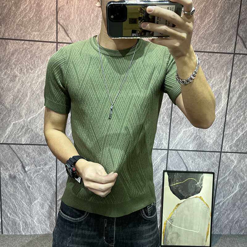 短袖针织衫男圆领纯色打底毛线衣青年修身套头紧身半截袖半袖毛衣