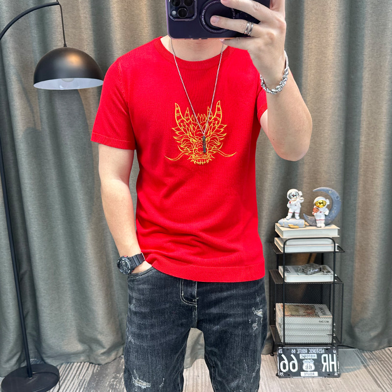本命年龙年衣服红色短袖毛衣秋冬半截袖针织衫打底内搭毛衫上衣男
