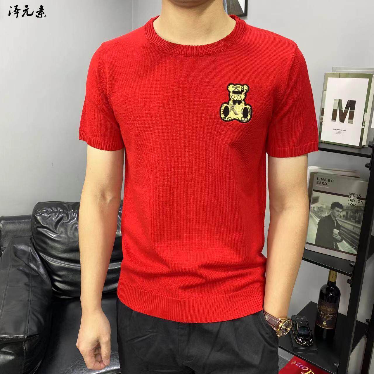 短袖毛衣男秋冬半袖针织衫简约欧货纯色半截袖红色毛衫线衣打底衫