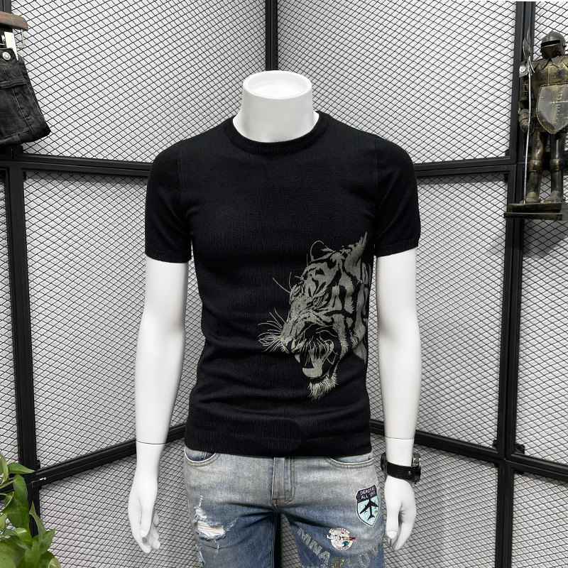 短袖毛衣男春季2023新款潮牌印花修身圆领打底衫潮流内搭帅气上衣