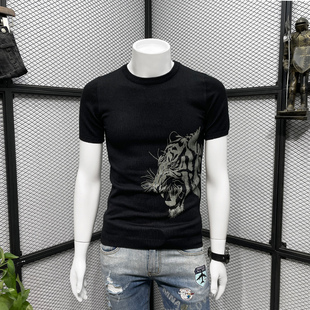 短袖毛衣男春季2023新款潮牌印花修身圆领打底衫潮流内搭帅气上衣