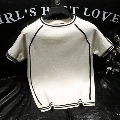 潮流时尚条纹边圆领针织半袖T恤夏季男士薄短袖上衣拼接男装