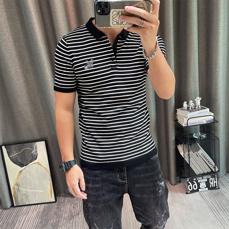 针织polo衫男半袖条纹翻领毛衣青年帅气半截袖毛线衣潮流短袖毛衫