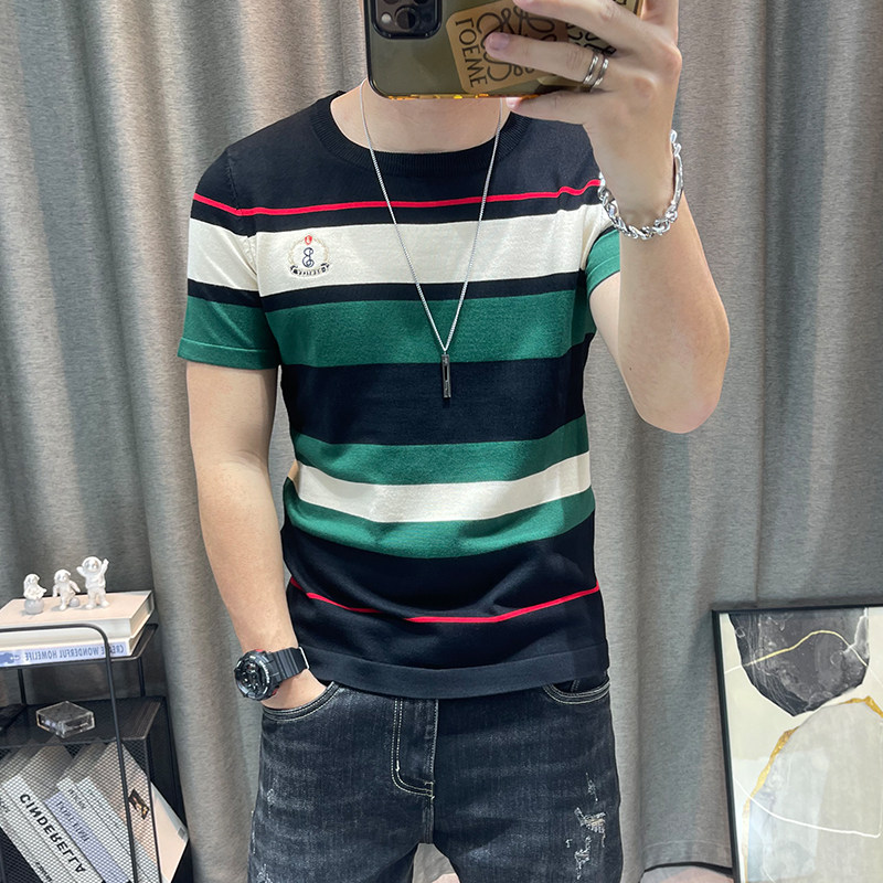 条纹短袖毛衣男弹力修身半袖针织衫上衣男士紧身内搭毛线衣毛衫潮