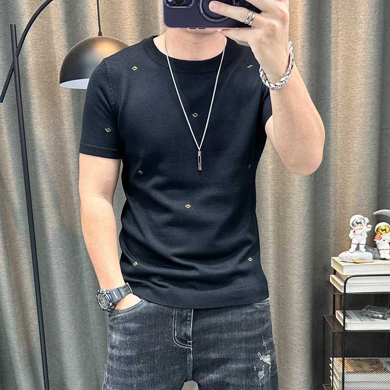 短袖毛衣男秋冬新款弹力紧身半截袖男装上衣圆领修身半袖针织衫潮