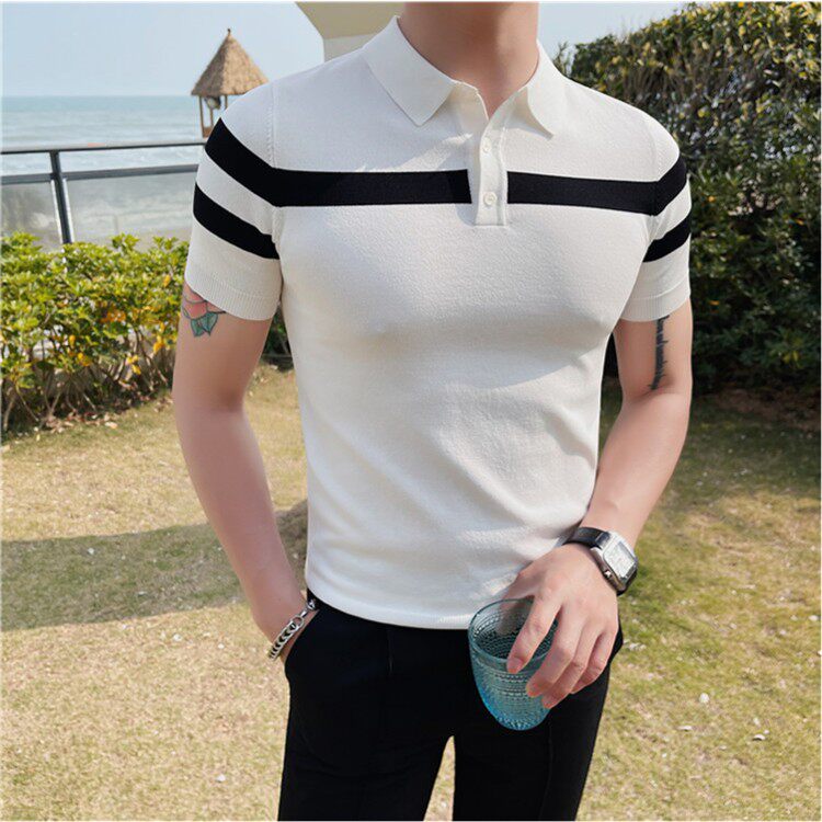 撞色冰丝polo衫男短袖夏季薄款时尚修身帅气翻领针织凉感痞帅t恤