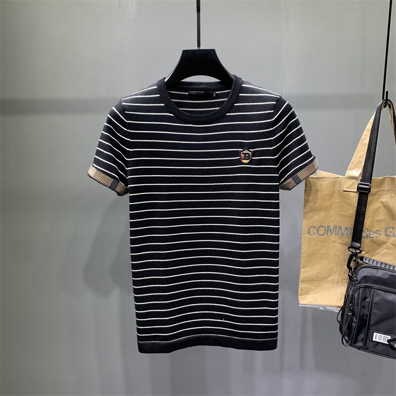 秋季短袖毛衣大码字母条纹韩版潮流针织半袖男士紧身社会潮牌帅气