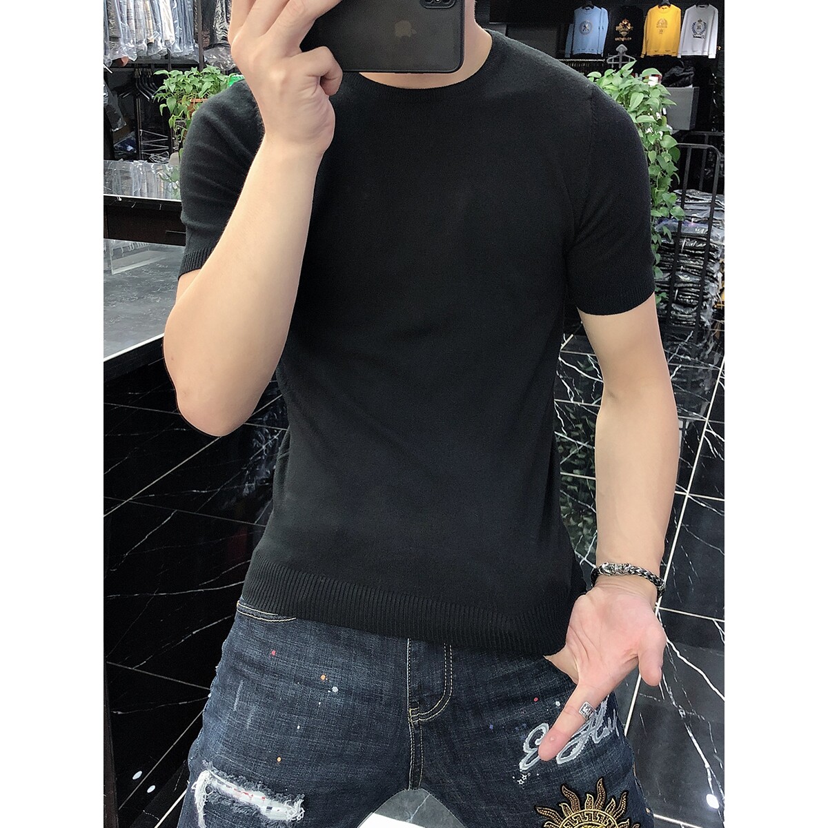 欧货2023春季男士T恤打底衫圆领修身短袖针织衫毛衣纯色白色