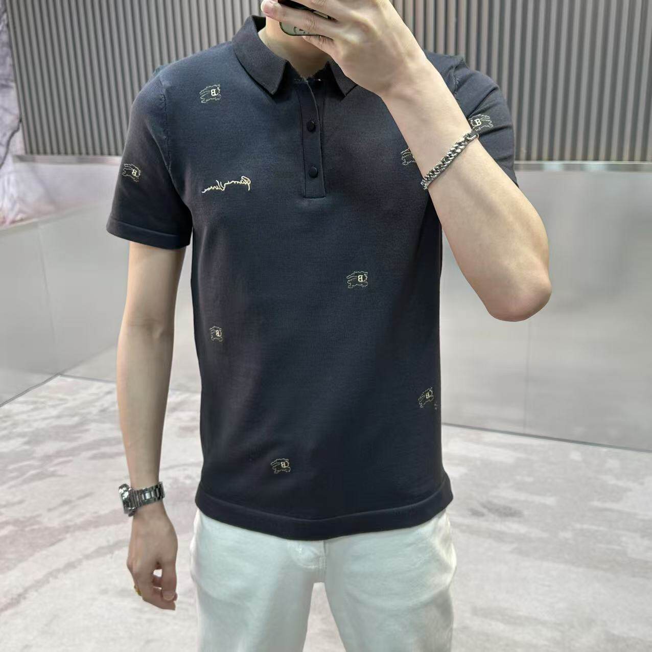 休闲时尚大码轻奢短袖针织夏季男士紧身针织半袖POLO衫常规半截袖