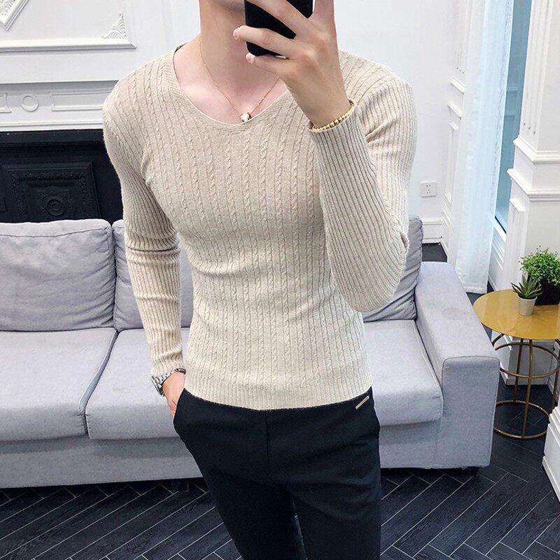 秋季薄款条纹弹力长袖针织衫韩版修身男士纯色打底衫时尚套头毛衣