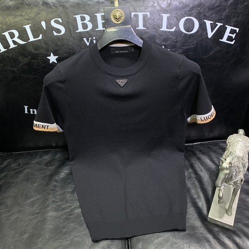 夏季提花字母冰丝短袖T恤男时尚美式潮牌修身针织圆领半袖T恤百搭