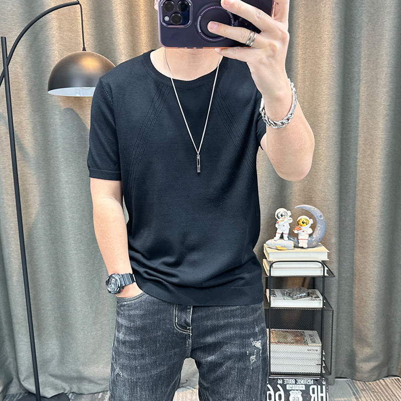 半袖针织衫男士2024春秋新款黑色短袖毛衣内搭体恤衫修身男装上衣