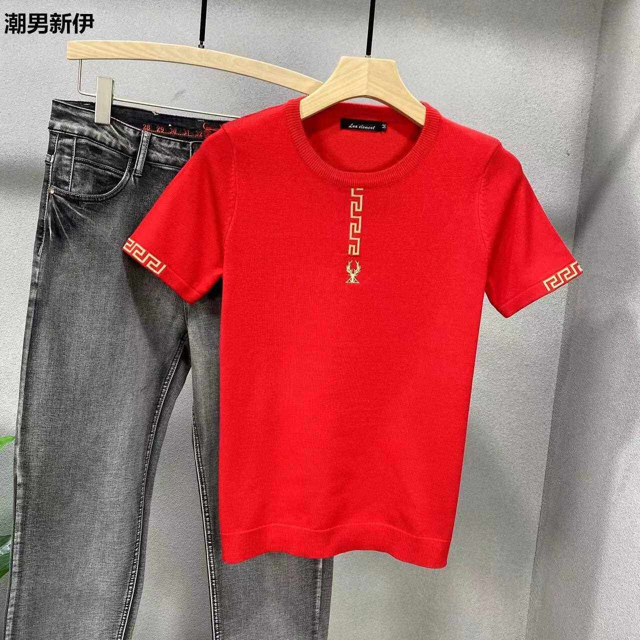 红色本命年半袖毛衣男针织衫短袖鹿头潮流提花刺绣休闲加厚修上衣