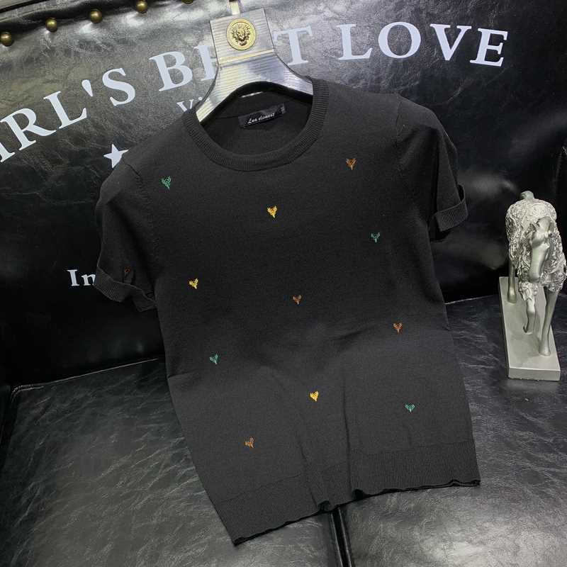 圆领刺绣冰丝短袖T恤男夏季时尚潮流修身针织半袖打底衫休闲薄款