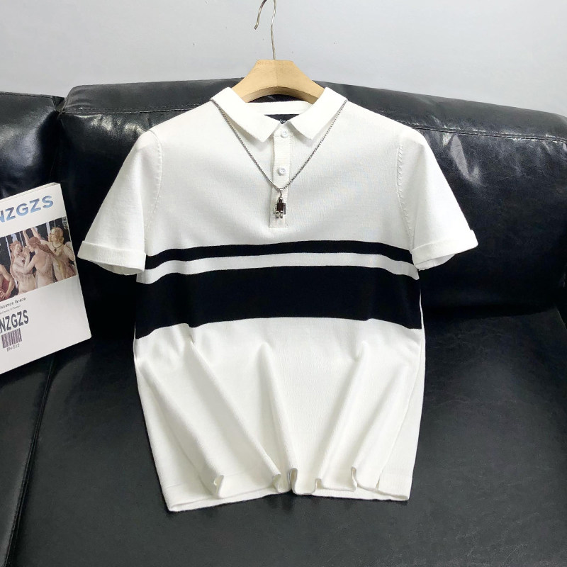 新品夏季针织polo衫男短袖翻领t恤修身时尚流行条纹拼色个性设计