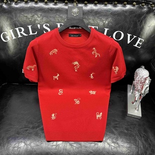 高品质龙年短袖毛衣男款潮牌针织打底衫十二生肖虎年秋冬季半截袖