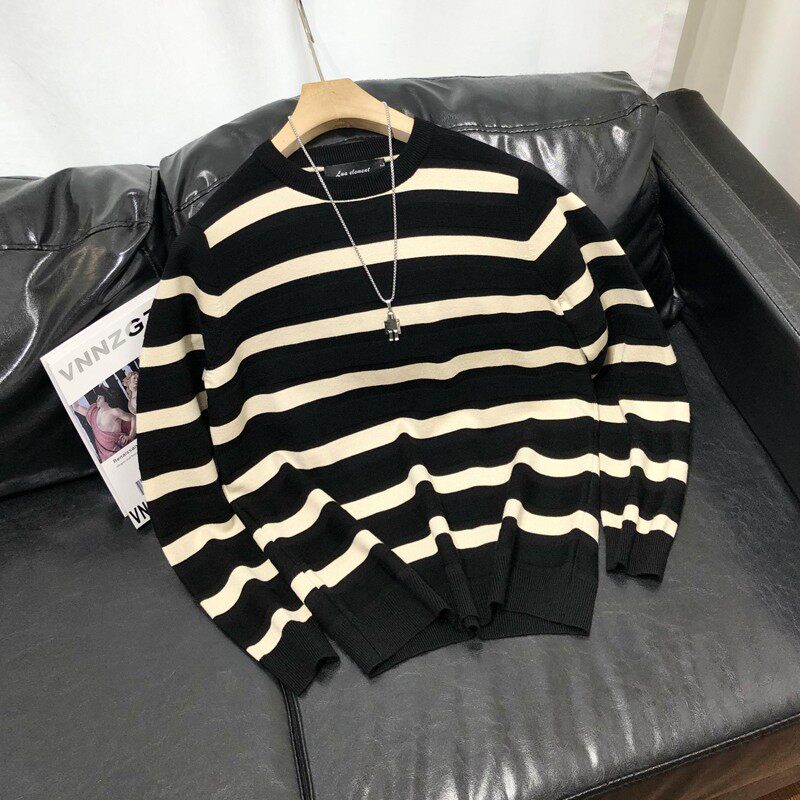 秋冬新品男士毛衣长袖针织衫条纹圆领修身上衣打底衫修身大码潮男