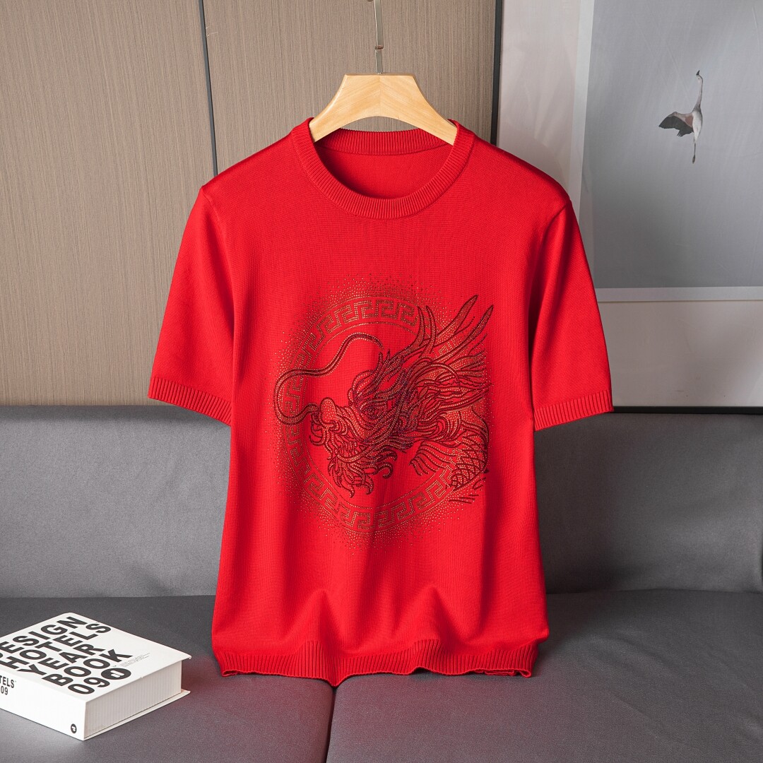 【新品】男士网红秋冬季新款龙本命年针织短袖中国红打底衫毛衣半