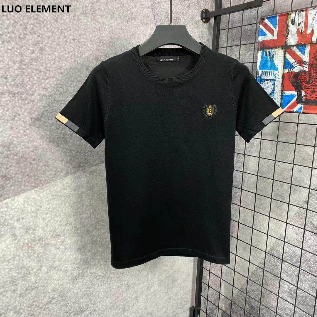 冬季短袖毛衣男圆领修身潮流刺绣字母男士半袖线衣黑色针织厚T恤