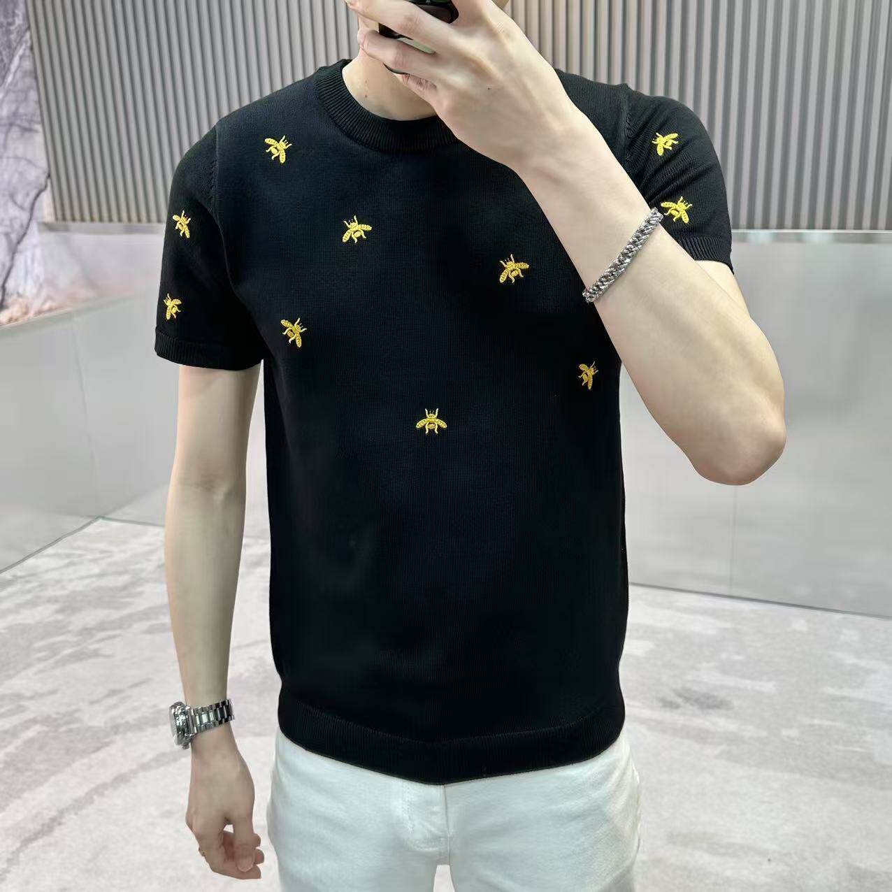 潮男新伊小蜜蜂轻奢短袖毛衣男装夏新款个性时尚半袖针织打底t恤