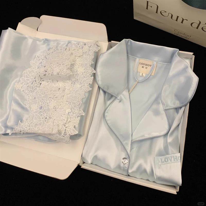 春秋水溶花蕾丝边真丝睡衣女长袖高级感送闺蜜礼盒冰丝家居服套装
