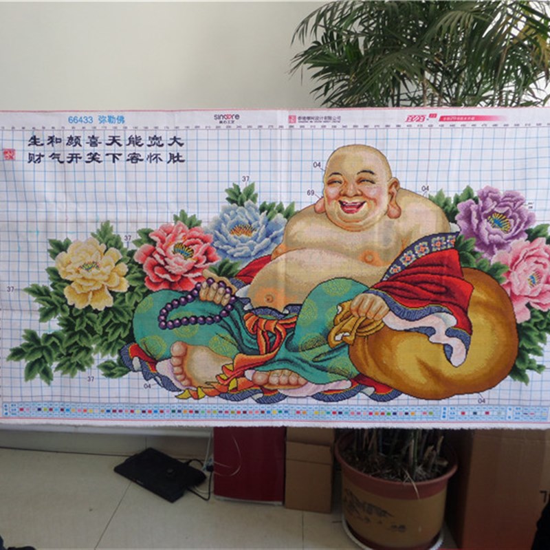 纯手工十字绣成品笑口常开佛像大肚弥勒佛笑佛装饰挂画已绣好的