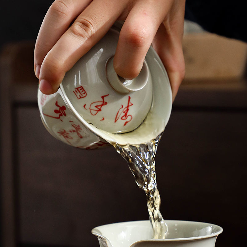 复古手绘诗文三才盖碗茶杯茶碗陶瓷壶承功夫茶具家用单个泡茶器