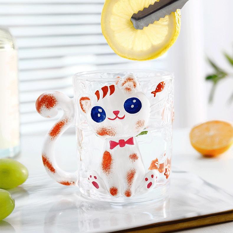 可爱萌兔萌猫卡通彩绘高颜值水晶玻璃杯带把牛奶杯喝水杯送女生
