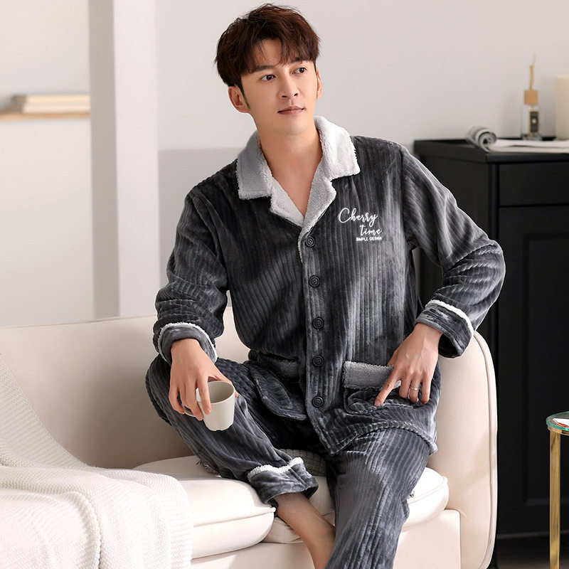 芬腾男士睡衣珊瑚绒秋冬开衫法兰绒冬季加厚加绒大码家居服套装