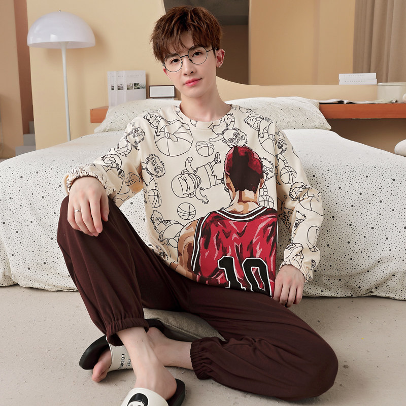 纯棉男士睡衣春秋季长袖纯棉薄款青少年动漫篮球家居服套装大码冬