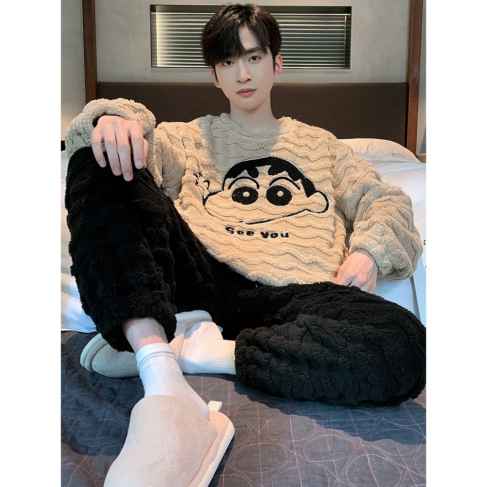 芬腾珊瑚绒睡衣男冬季2025新款加厚加绒法兰绒青少年大码家居服