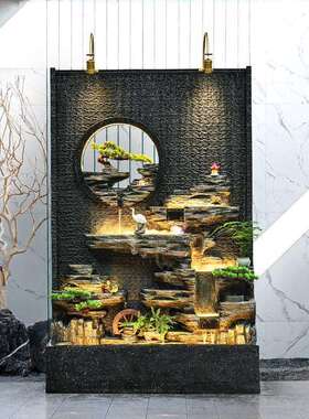 水幕墙流水摆IYC件假山客喷泉风水轮玄厅室内招财屏造风关隔断阳