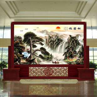 新中式屏风断玄墙客厅卧隔室酒店挡公OBJ司办公室关座屏遮迎客松